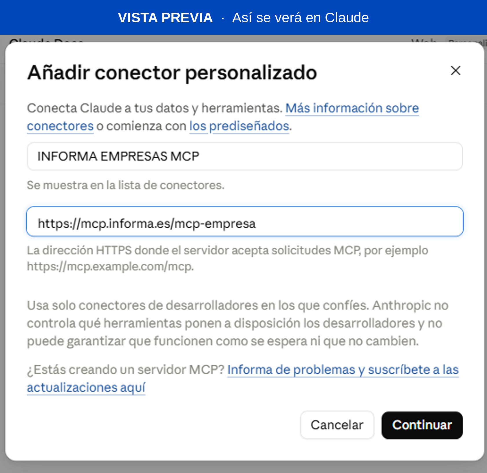 Formulario Añadir conector personalizado en Claude con MCP-Empresas de INFORMA