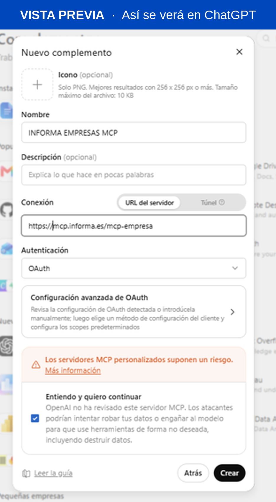 Formulario Añadir conector personalizado en ChatGPT con MCP-Empresas de INFORMA